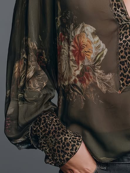 Leopard Trim Chiffon Blouse