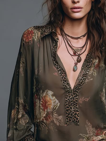 Leopard Trim Chiffon Blouse