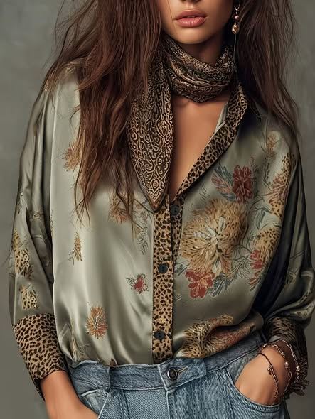 Silky Leopard Trim Blouse