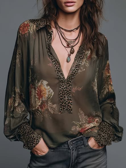 Leopard Trim Chiffon Blouse
