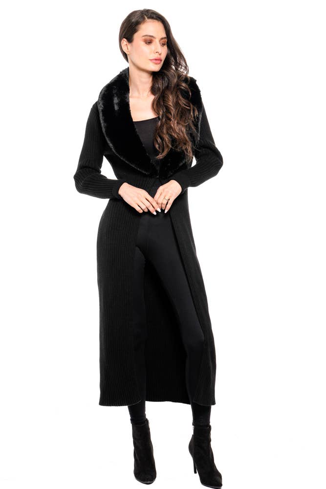 Long Ribbed Knit Coat with Faux Fur Collar