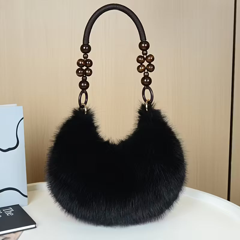 Wood Handle Fur Purse