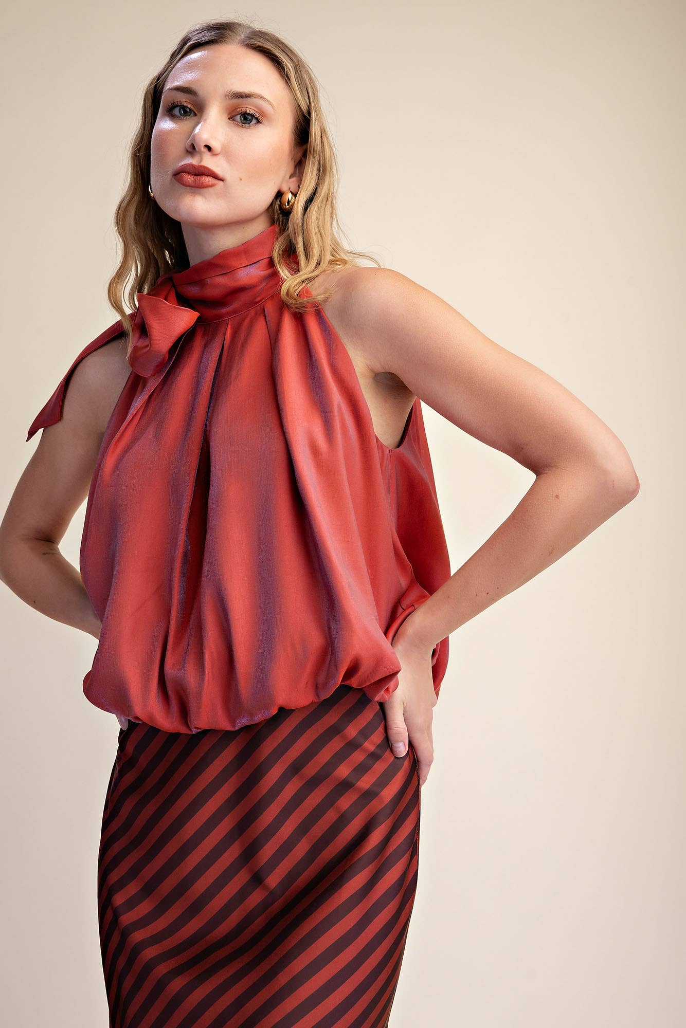 High Neck Tie Wrap Sleeveless Bubble Top