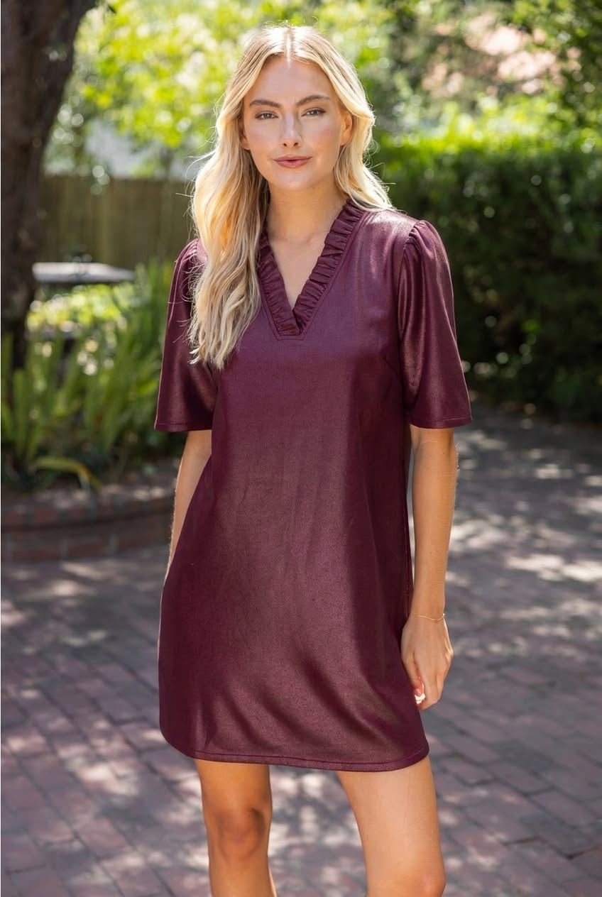 Ruffle V Neck Vegan Suede Dress