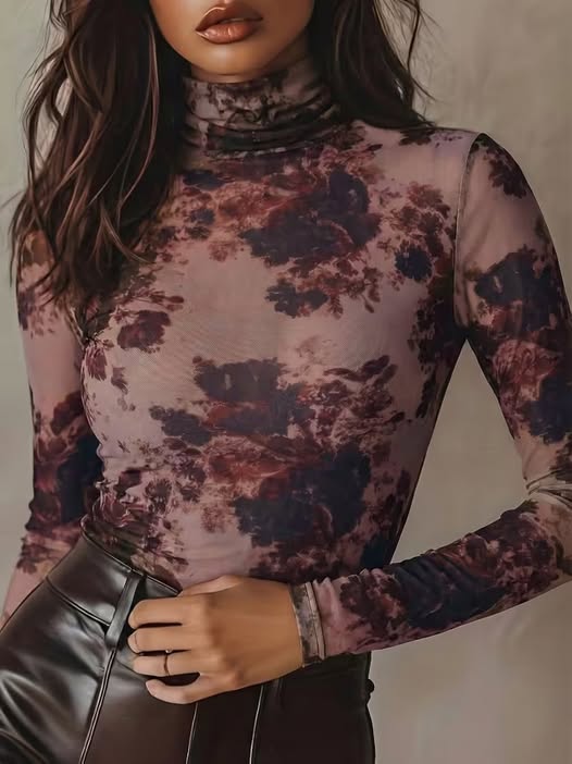 Wine Floral Mesh Top