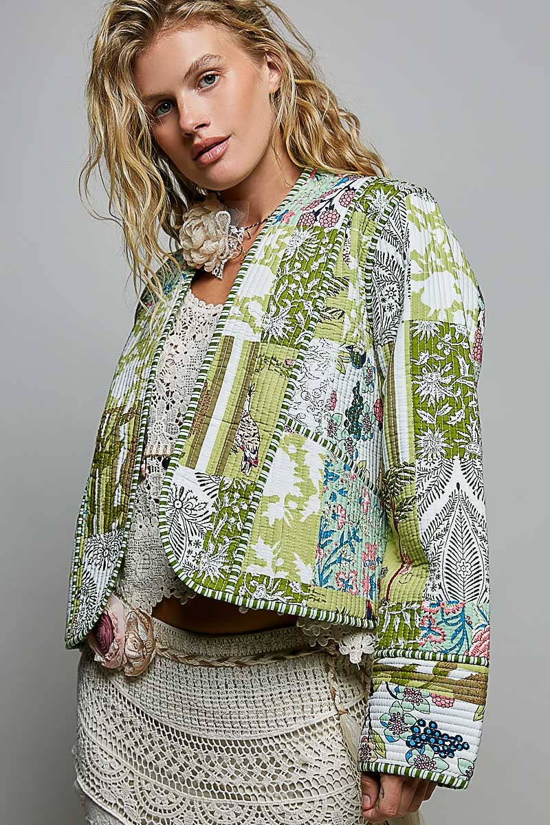 Lightweight Contrast Trim Quilted Kimono Jacket