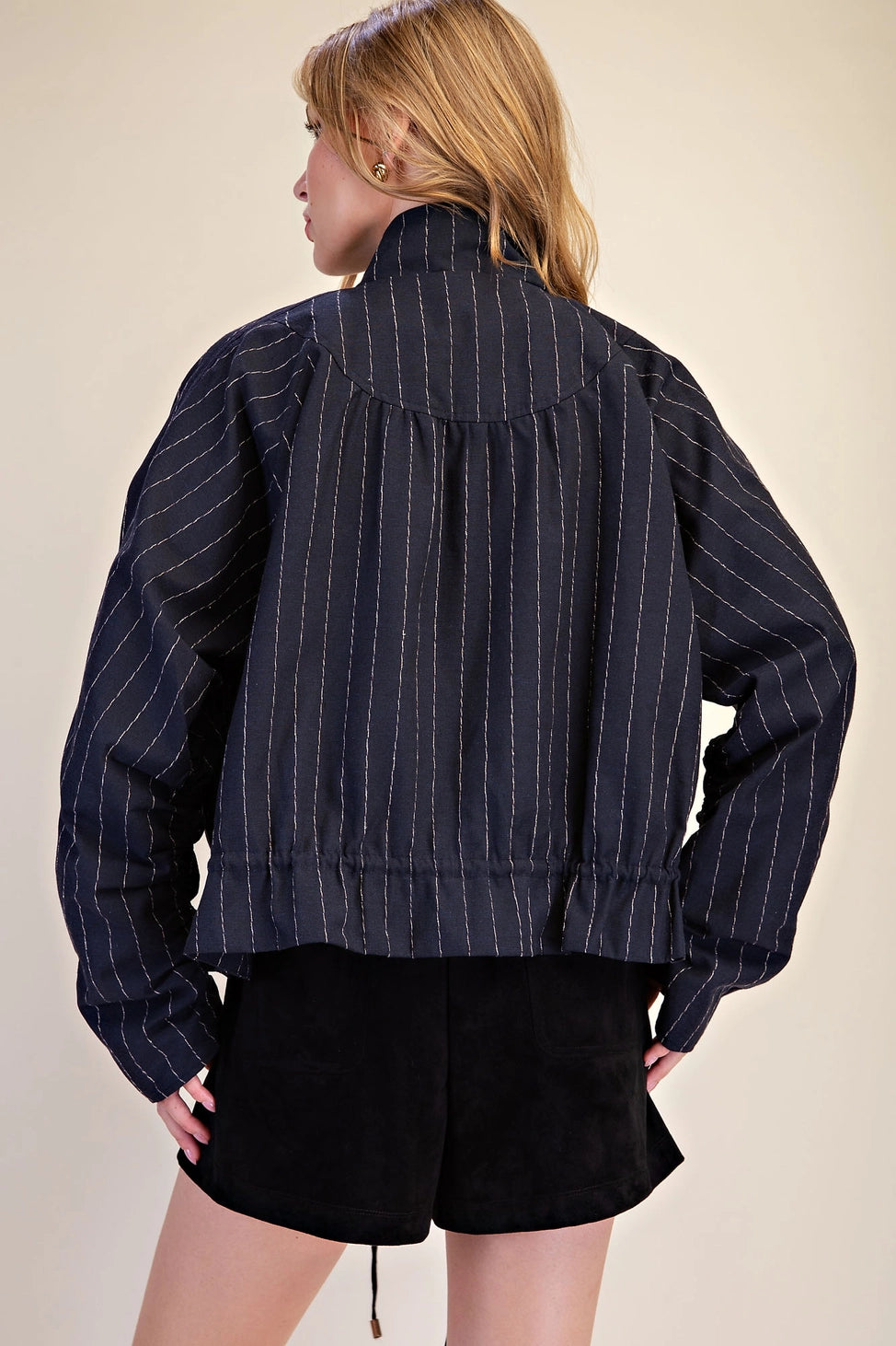 Crop Jacket Funnel-Neck Stripe