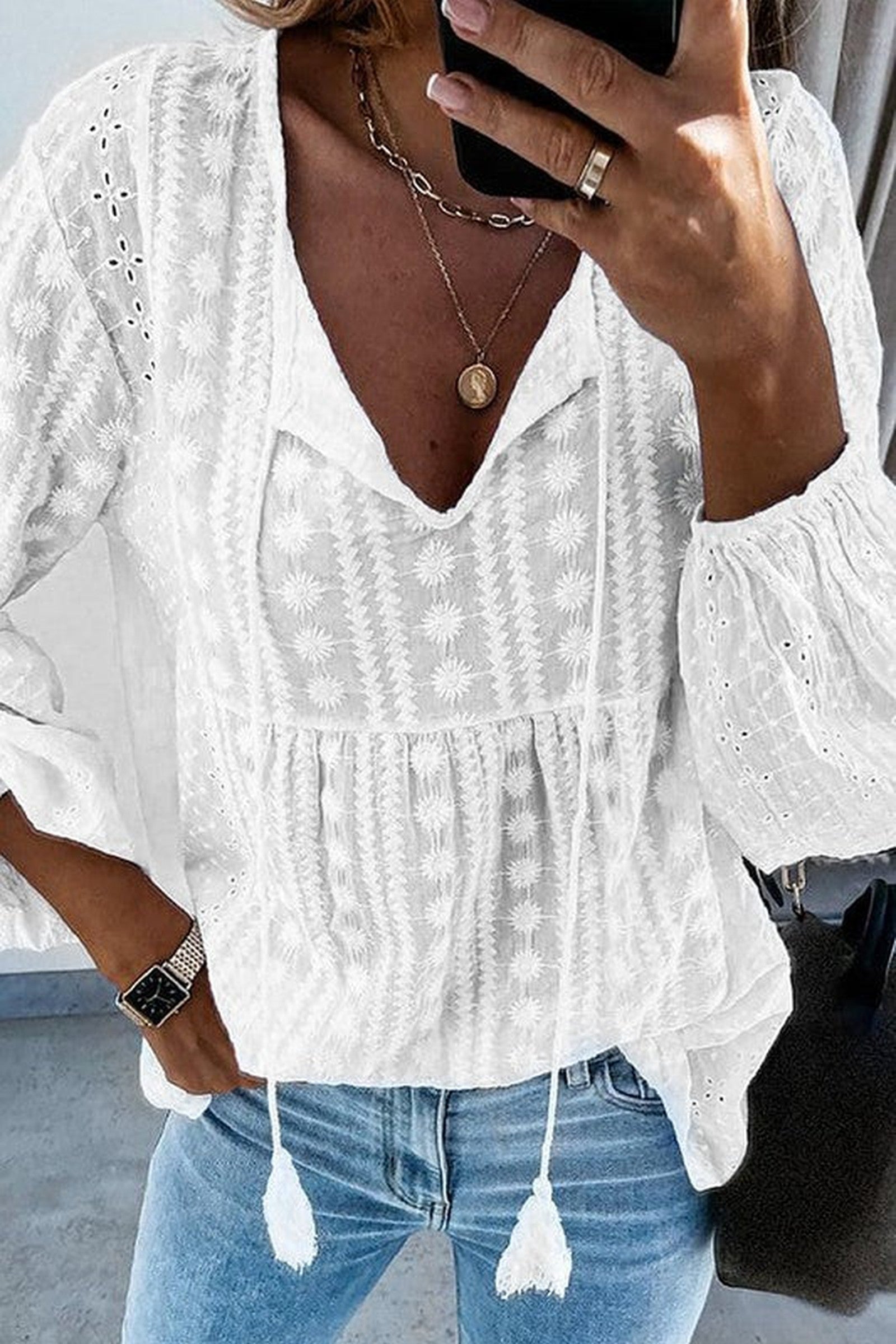 Detailed Stiching White Blouse