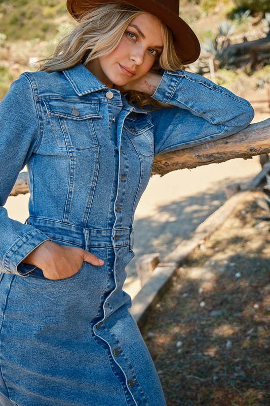 Stretch Button Down Washed Denim Dress