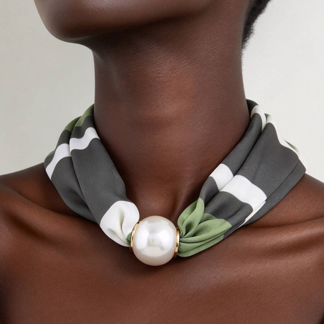 Olive Striped Scarf Pearl Slider Necklace