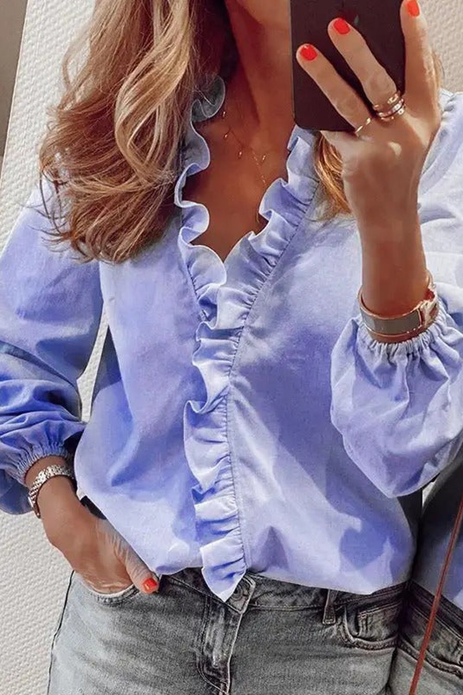 Puff Sleeves V-Neck Blouses
