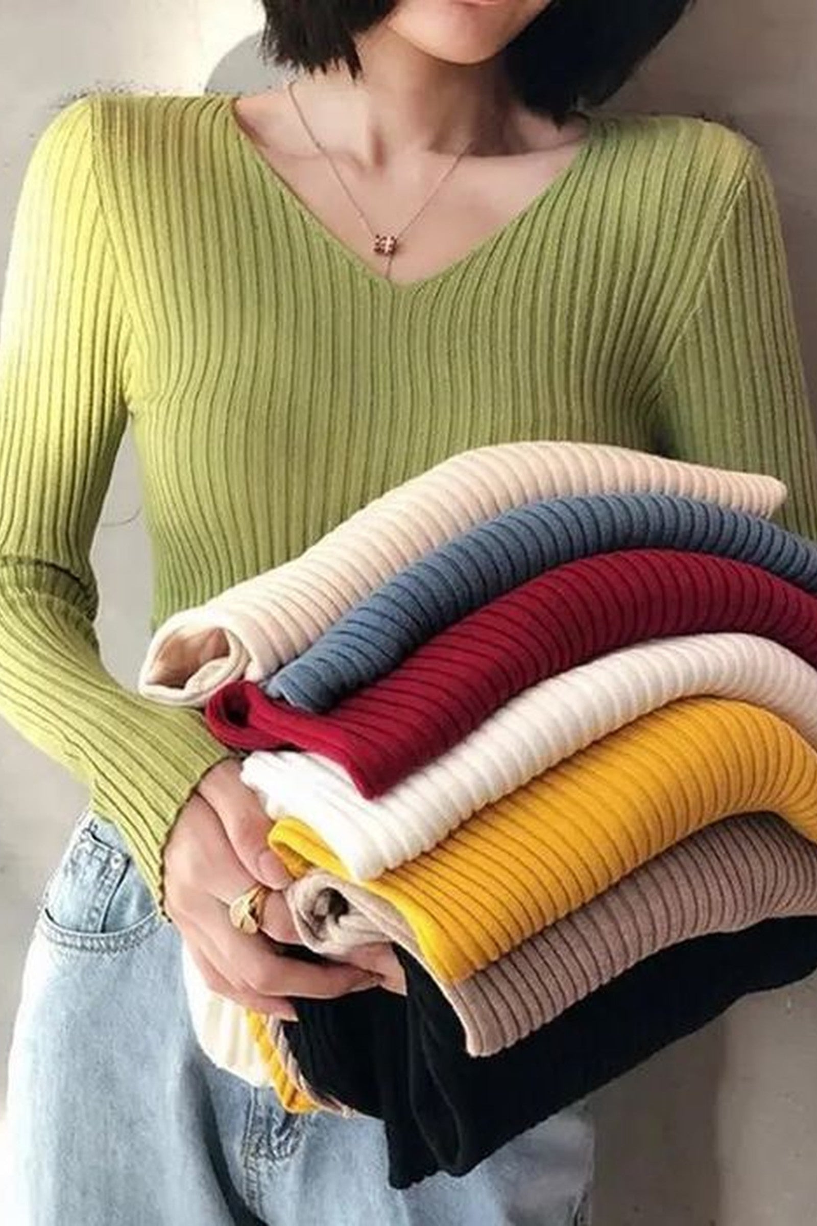 Basic V Neck Rib Sweater