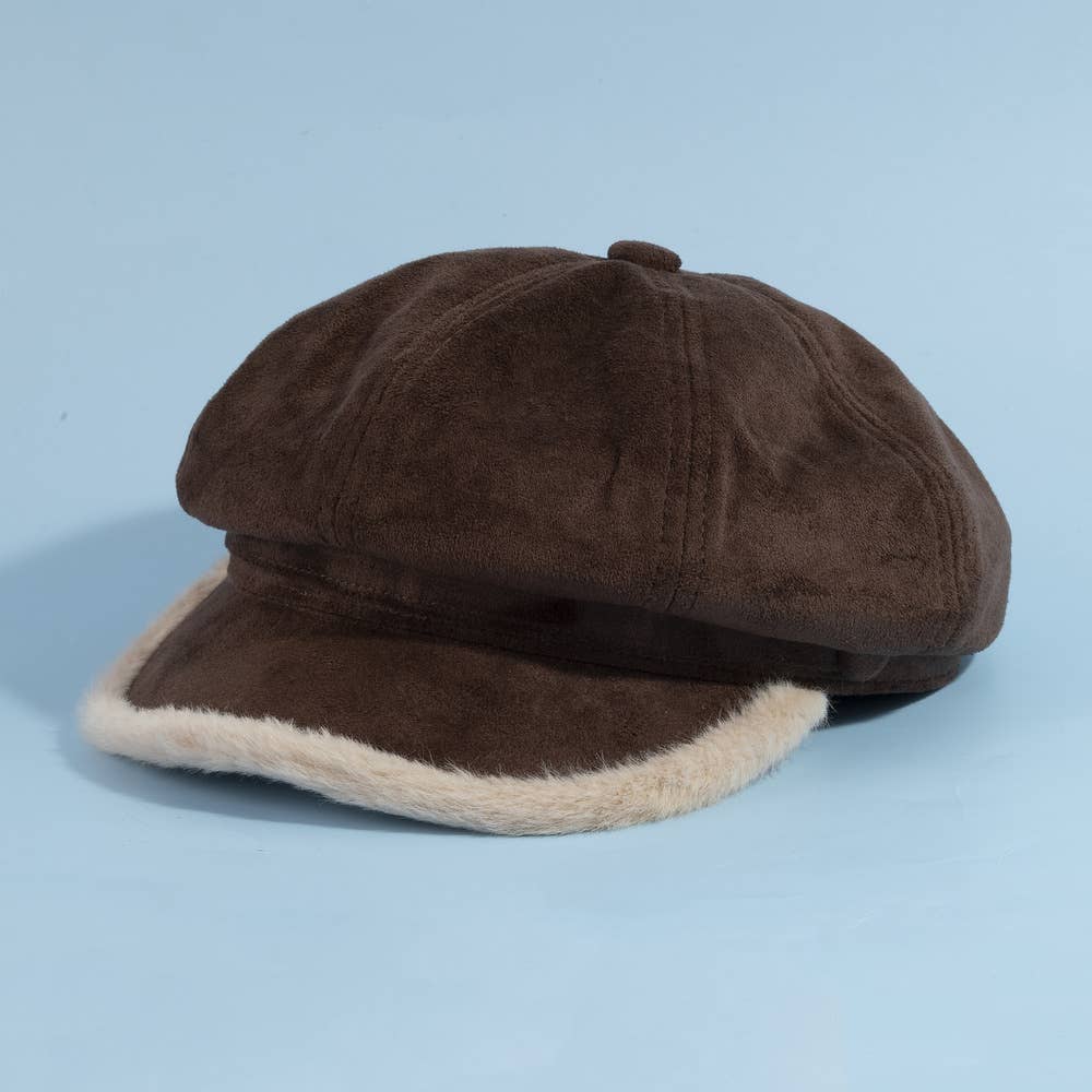 Plush Trim Vegan Suede Newsboy Hat