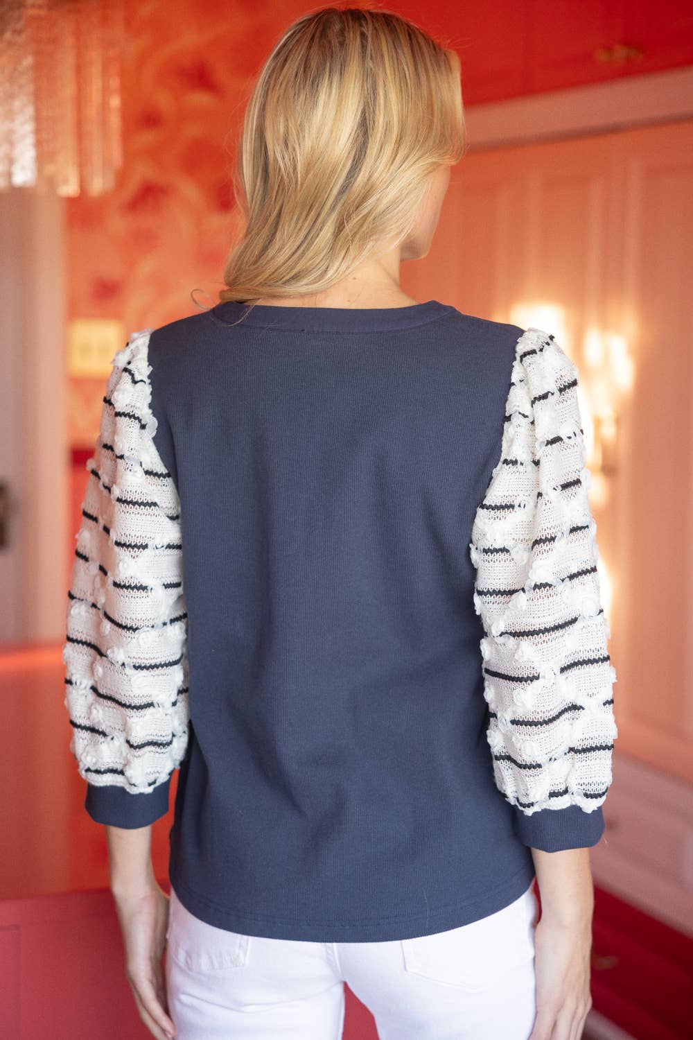 35009 Puff Striped Diamond Tull Detailed Knit Top