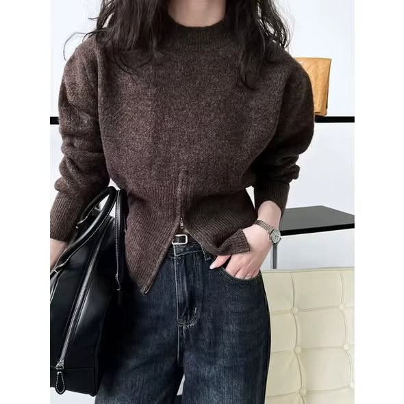 Accent Waist Zipper Sweater