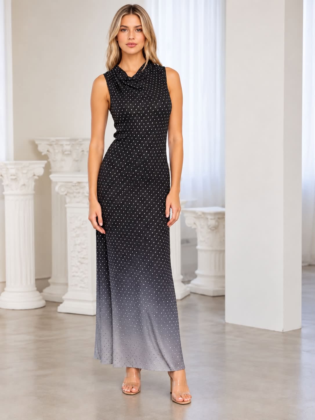 EMBLLISHED MESH COWL NECK MAXI DRESS