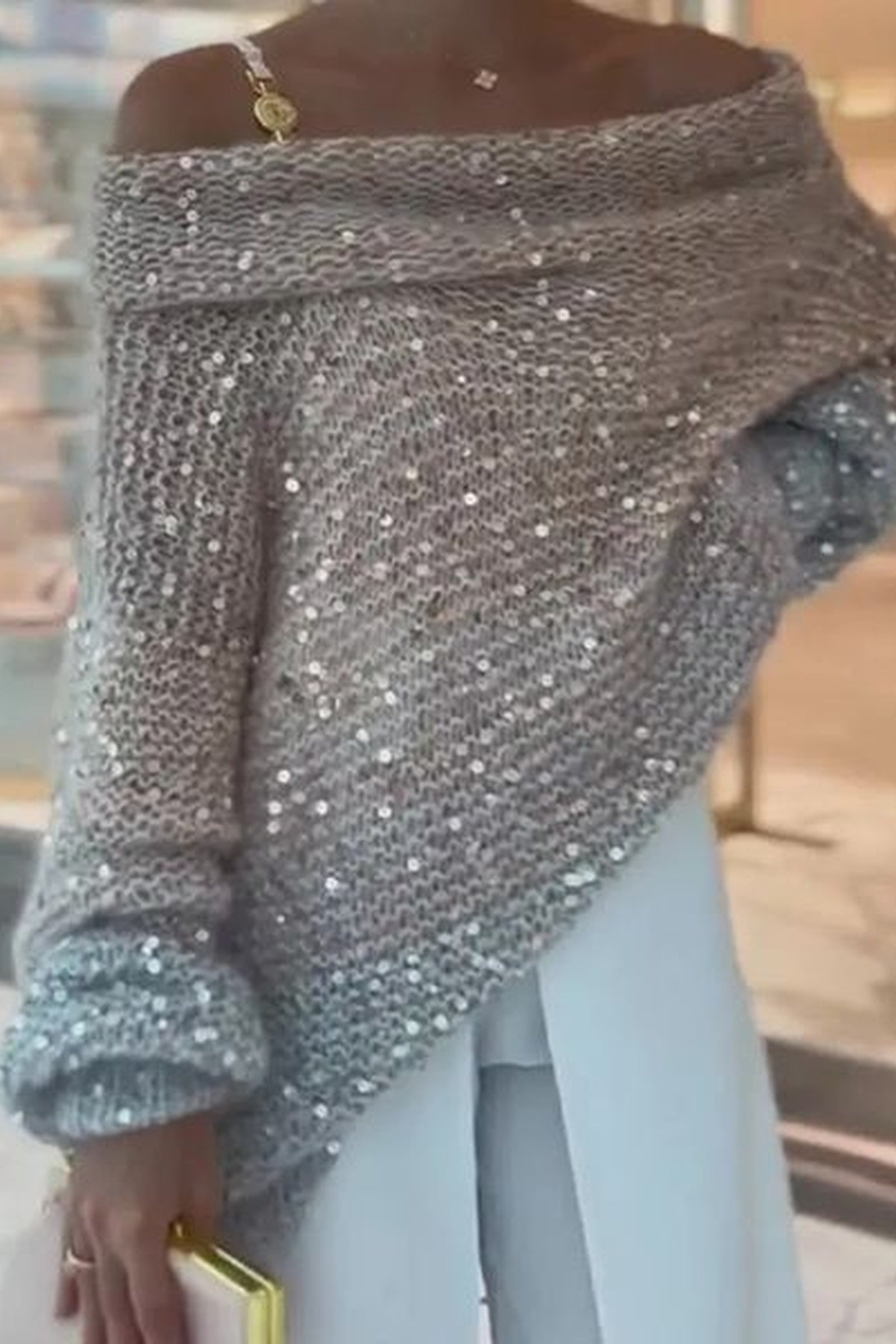 Woven Off Shoulder Sequin Sweater