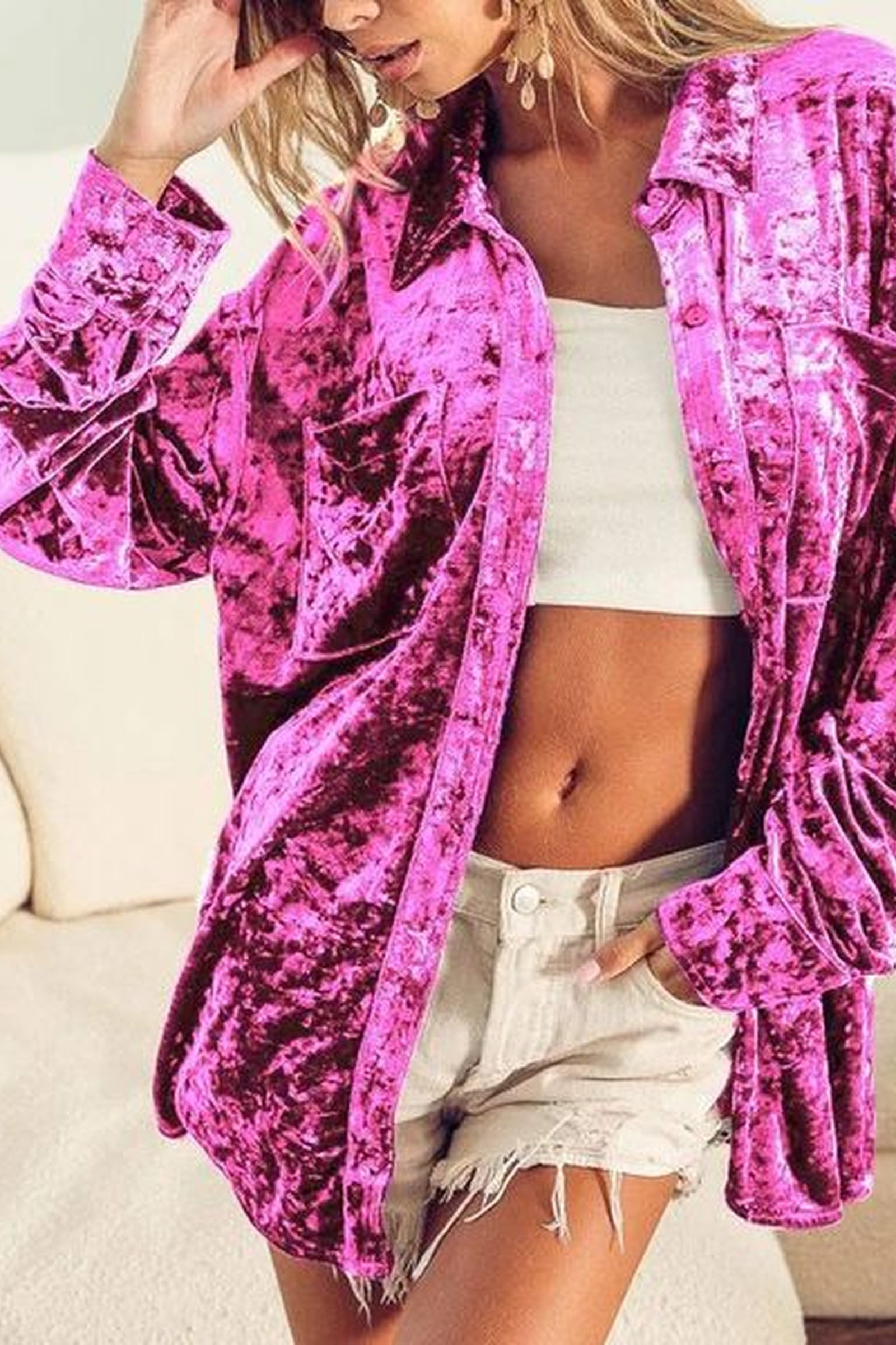 Crushed Botton Down Velvet Top