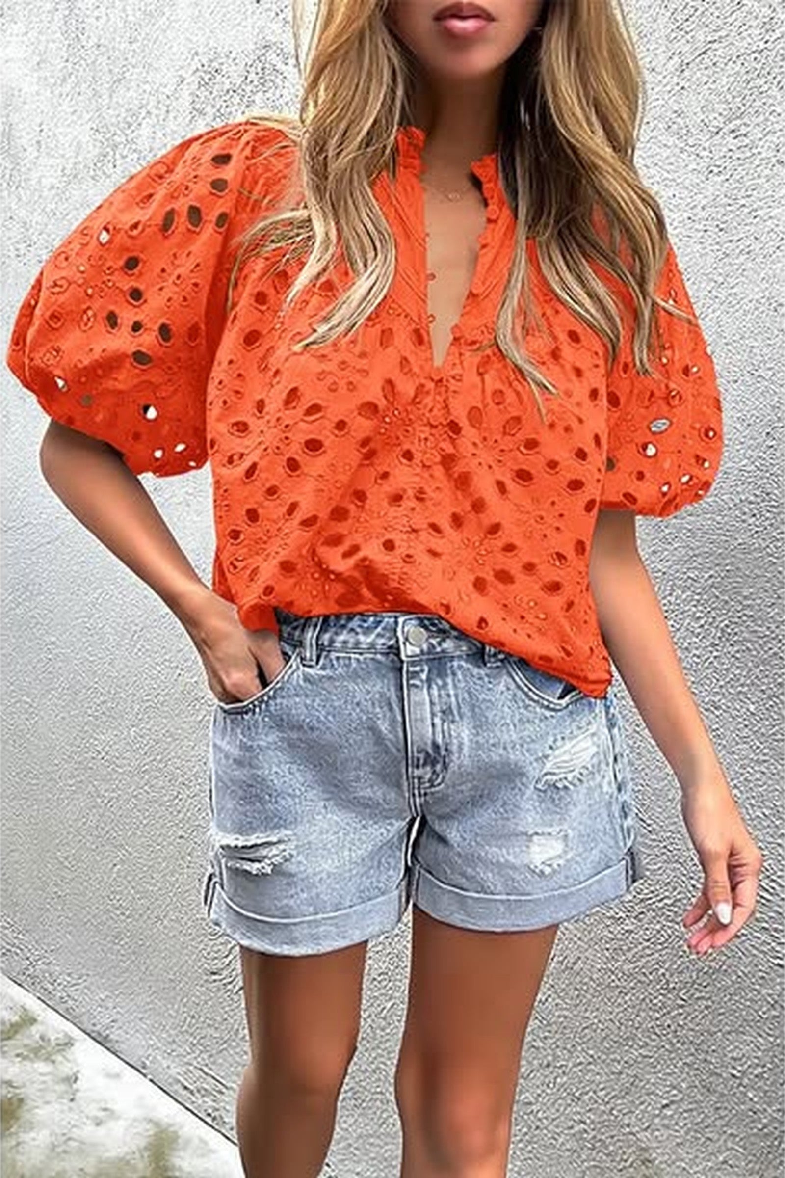 Eyelet Balloon Sleeve Blouse