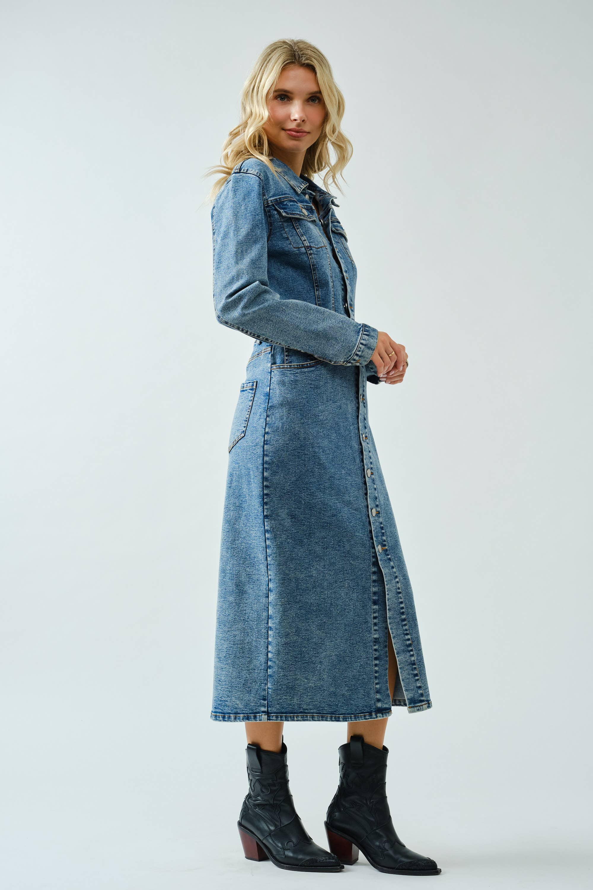 Stretch Button Down Washed Denim Dress