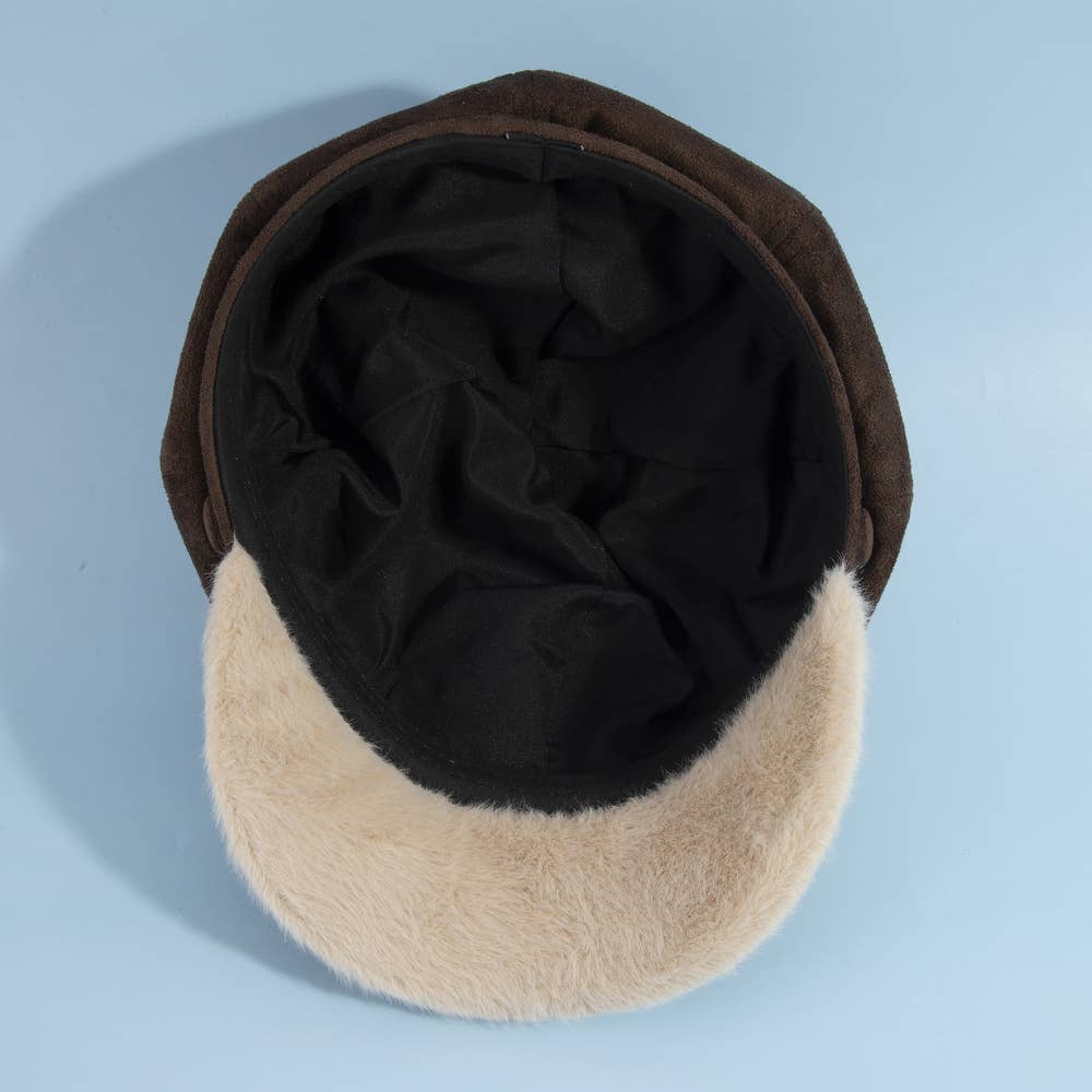 Plush Trim Vegan Suede Newsboy Hat