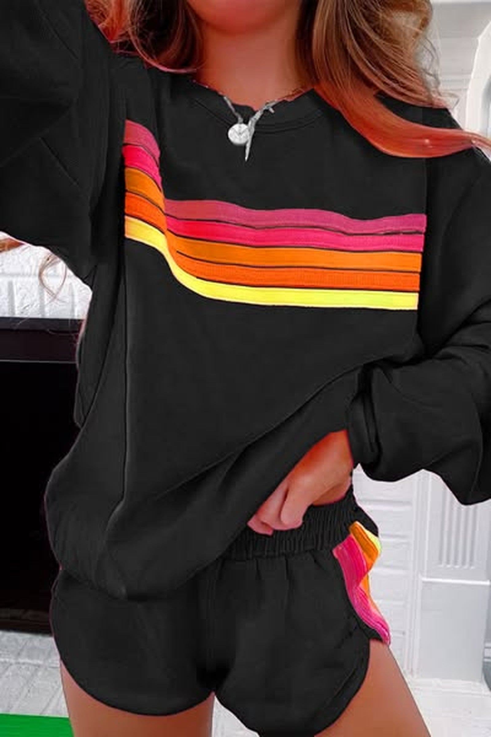 Colorful Accent Stripe Shorts & Sweatshirt Set