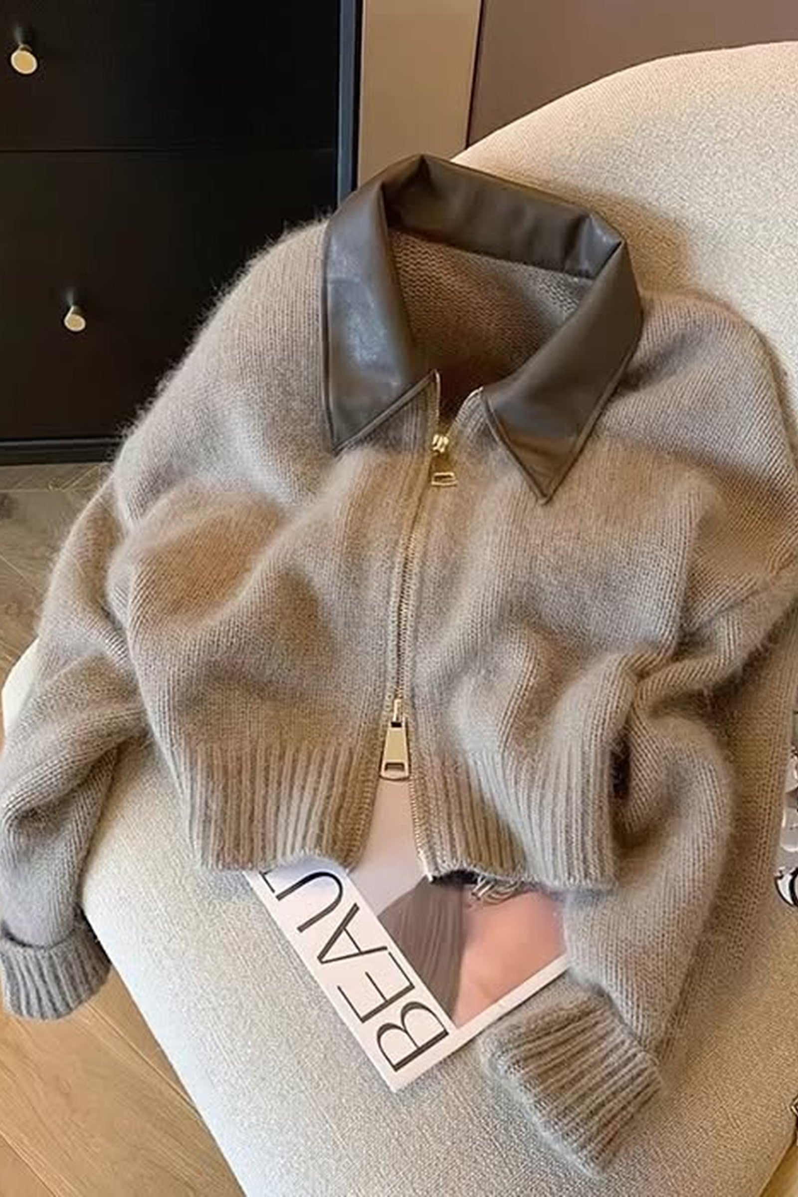 Vegan Leather Collar Sweater