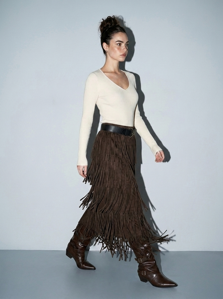 Pleated knit Fringe Layered Skirt with Belt