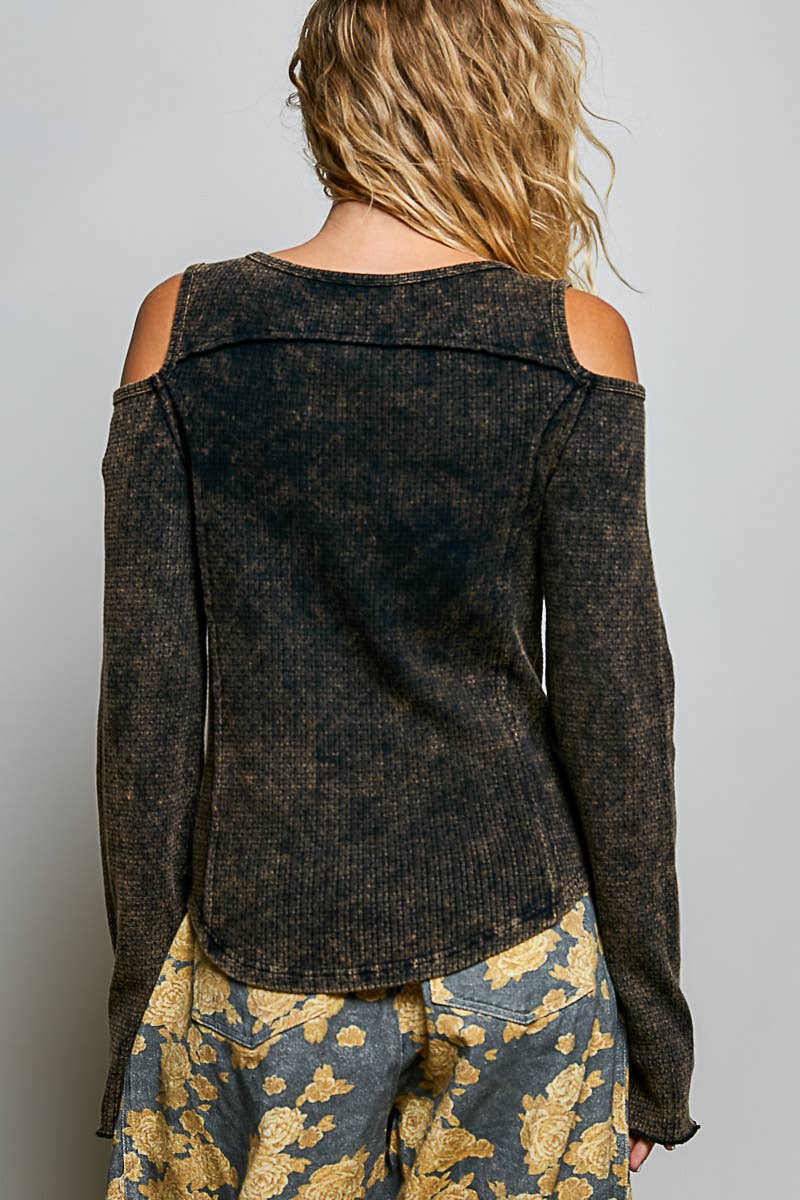 Vintage Washing Solid Buckle Open Shoulder Knit Thermal Top