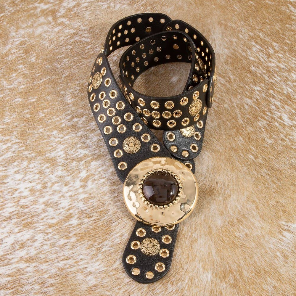 Hammered Circle Buckle Studded Belt