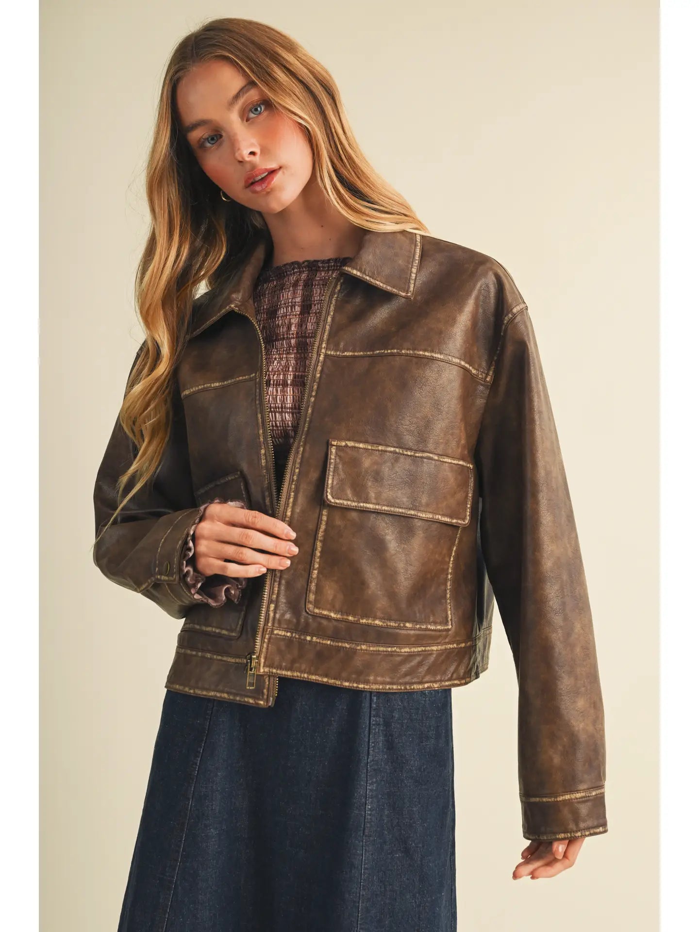 Vegan Leather Distressed Jacket
