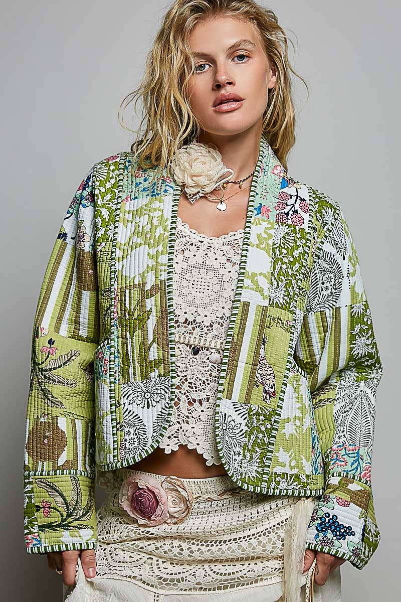 Lightweight Contrast Trim Quilted Kimono Jacket