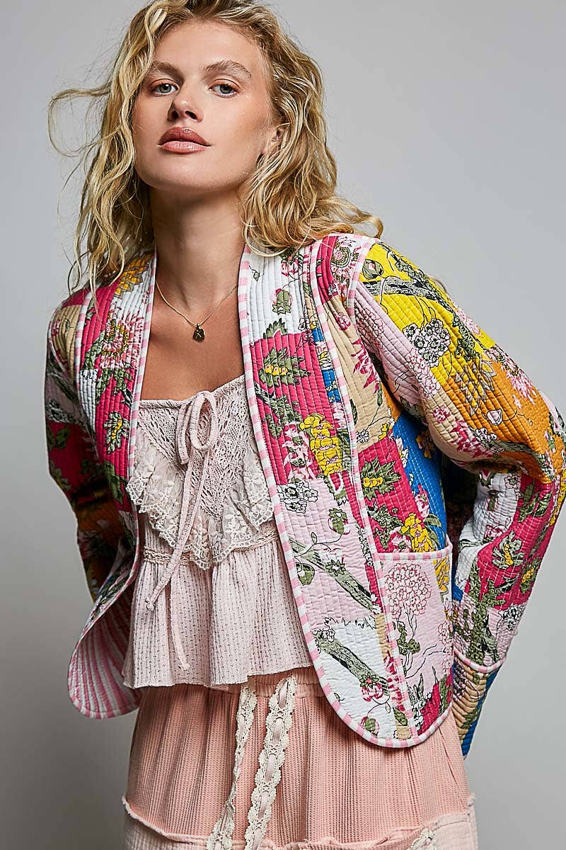 Lightweight Contrast Trim Quilted Kimono Jacket