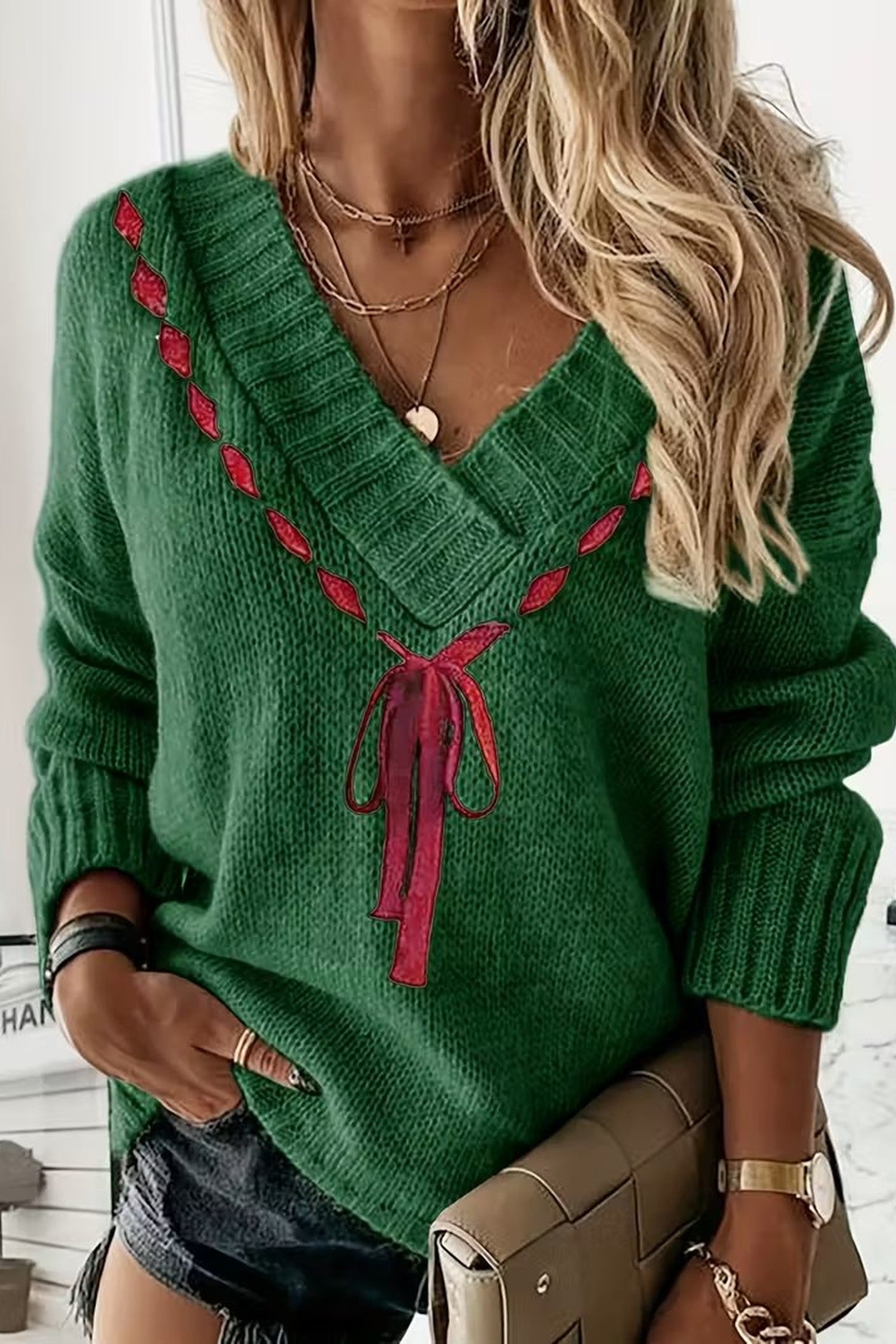 Ribbon Woven V Neck Sweater