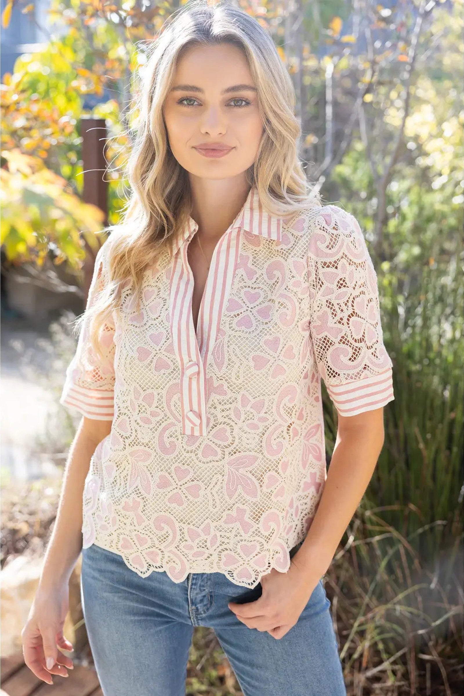 Lace Embroidered Striped Blouse