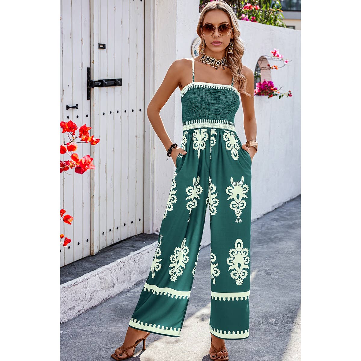 Ruched Printed Jumpsuit