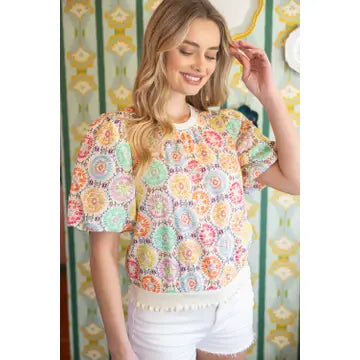 Embroidered Floral Puff Sleeve