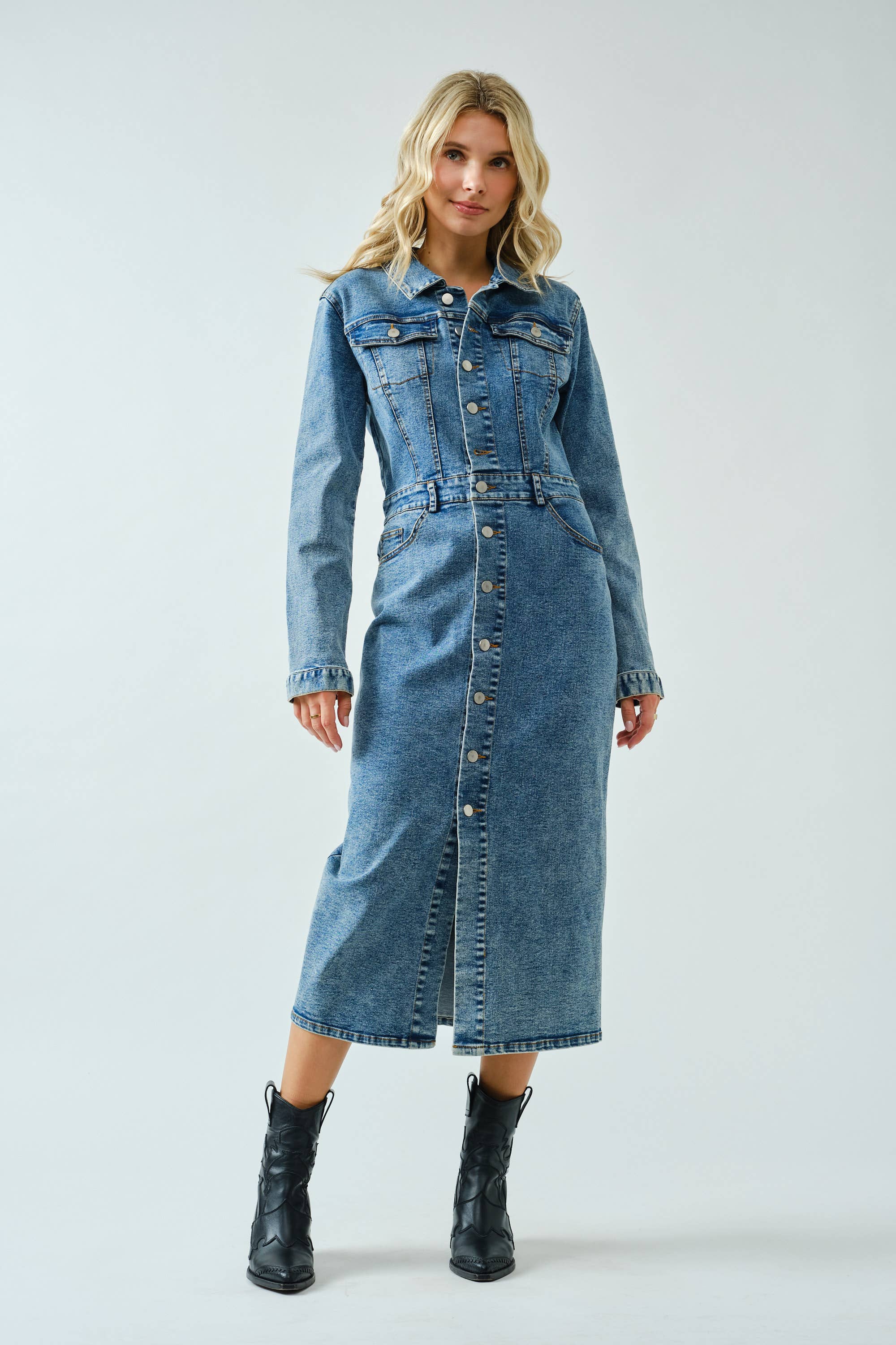 Stretch Button Down Washed Denim Dress