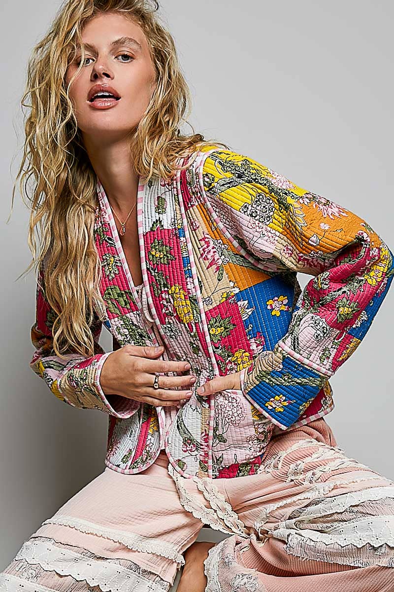 Lightweight Contrast Trim Quilted Kimono Jacket