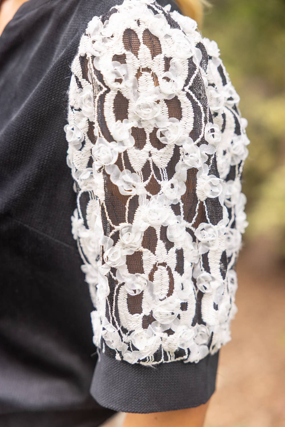 Floral Embroidered Lace Sleeve Colorblock Top