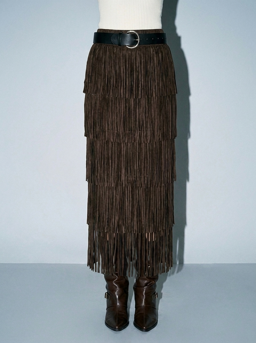 Pleated knit Fringe Layered Skirt with Belt