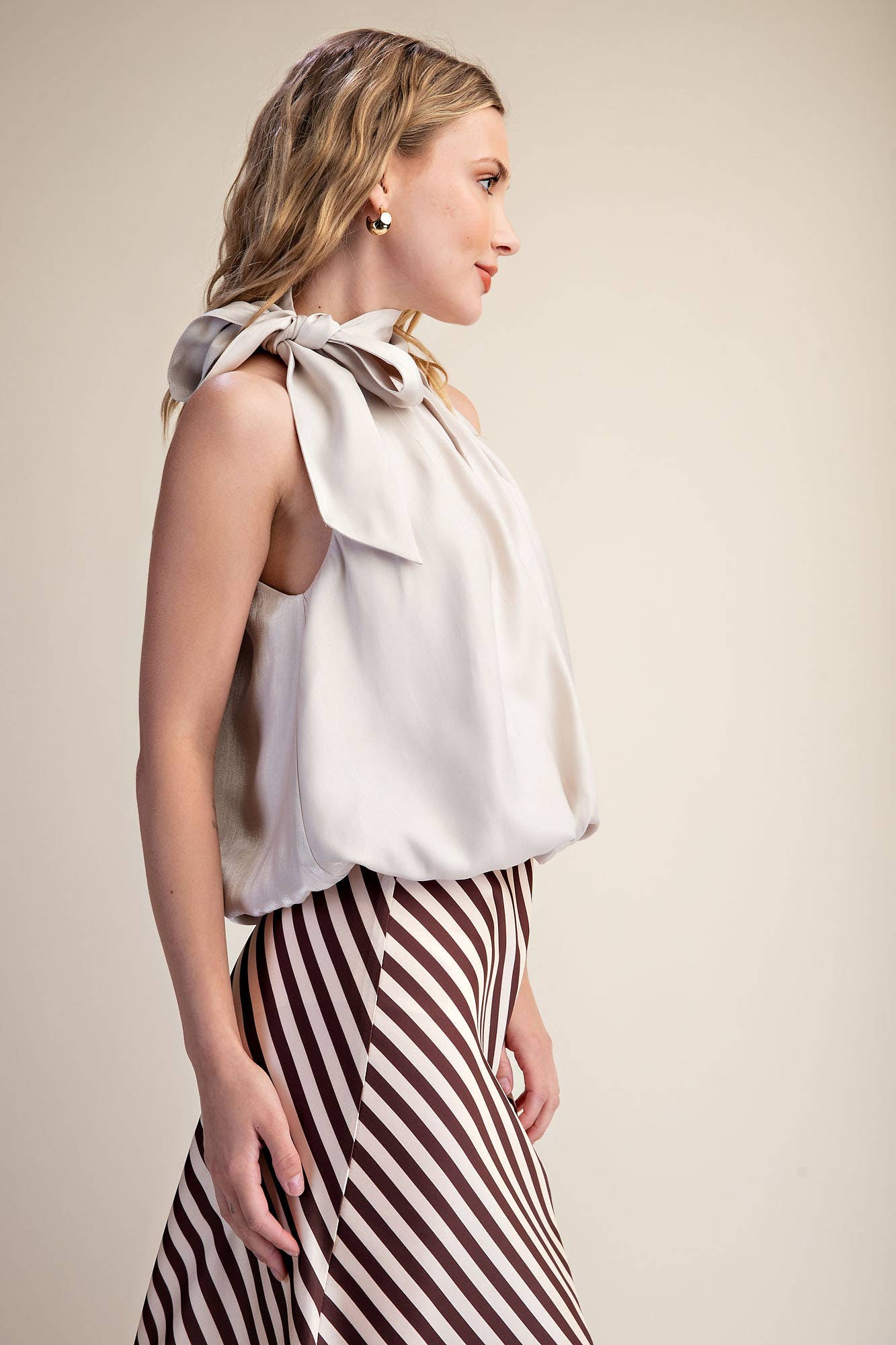 High Neck Tie Wrap Sleeveless Bubble Top