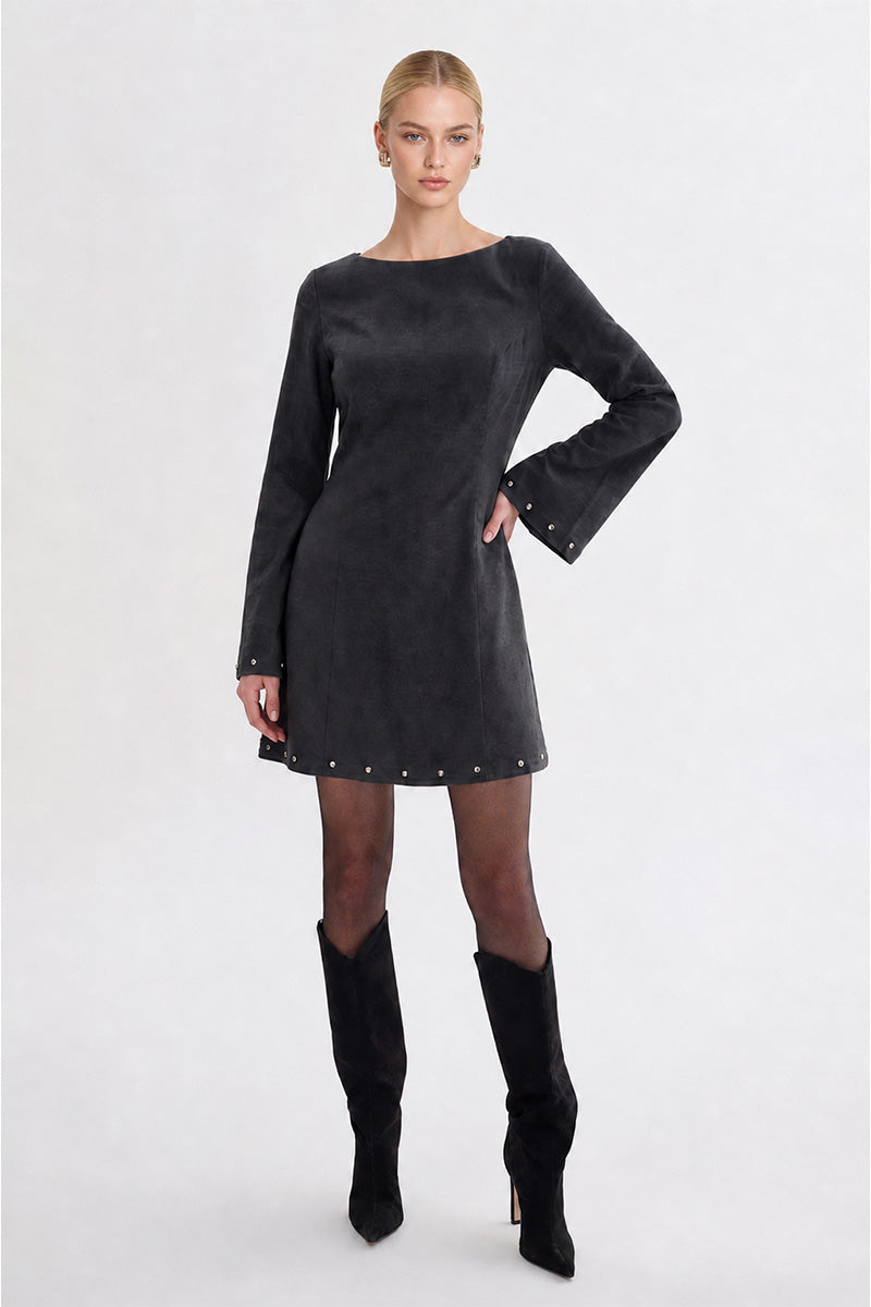Boat Neck Bell Sleeve Studded A-Line Dress