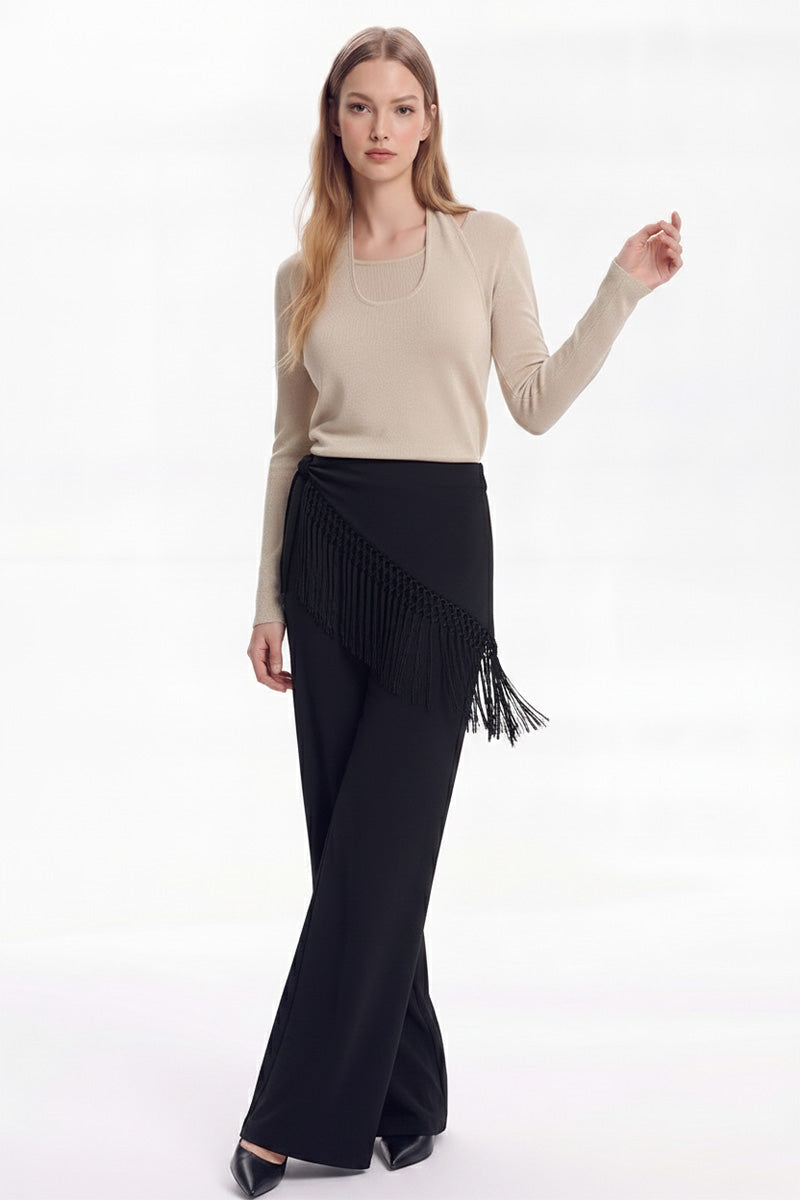Tailored Pants with Fringe Scarf