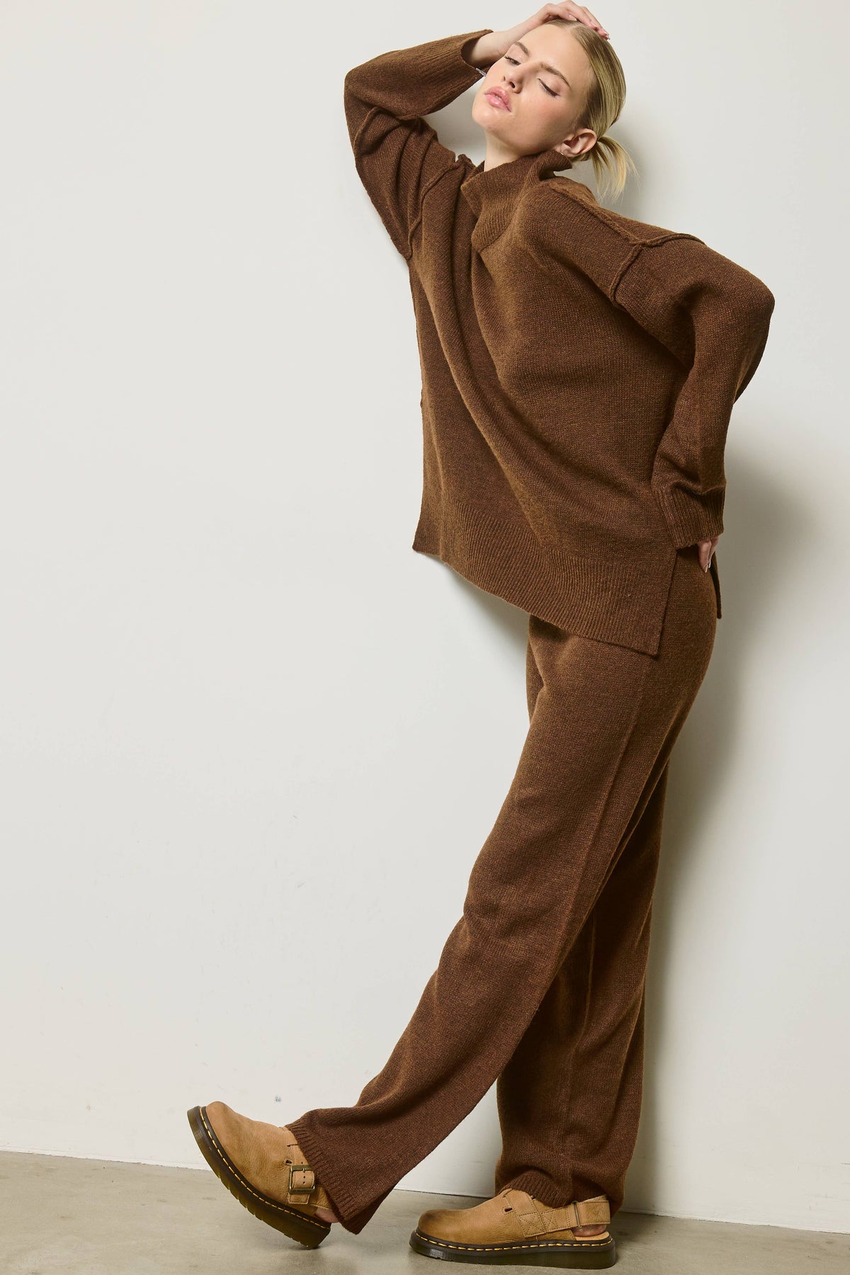 Mock Neck Side Slit Knit Sweater & Pants Set