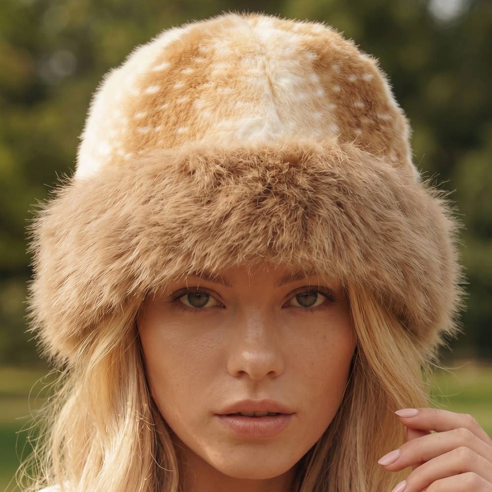 Deer Fawn Print Marled Fur Trim Bucket Hat