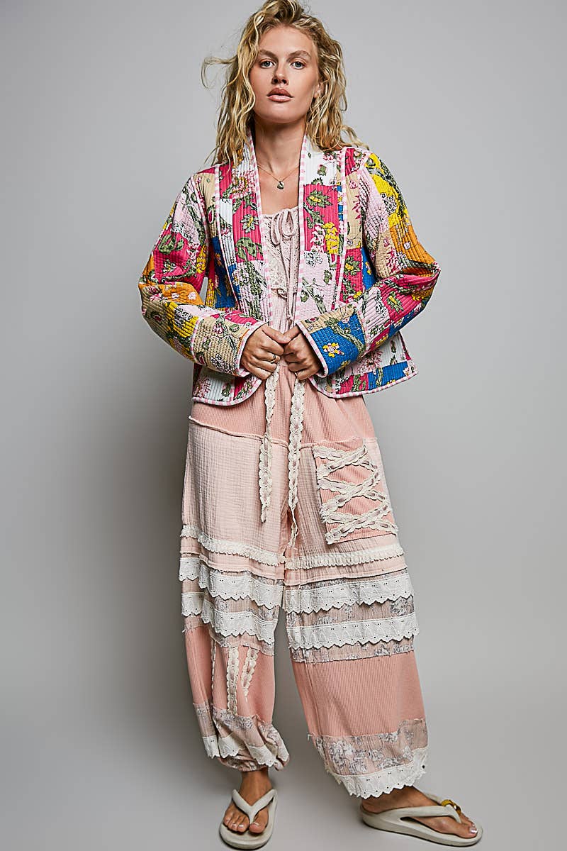 Lightweight Contrast Trim Quilted Kimono Jacket