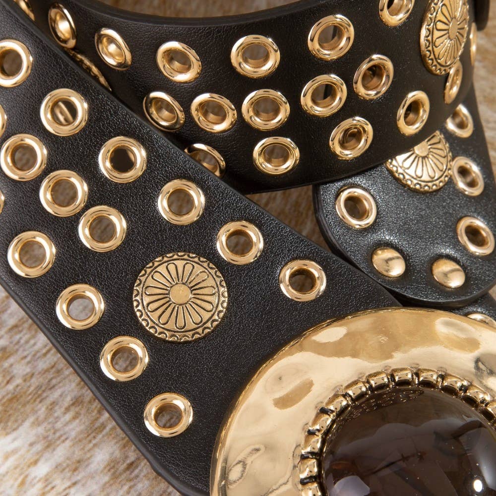 Hammered Circle Buckle Studded Belt