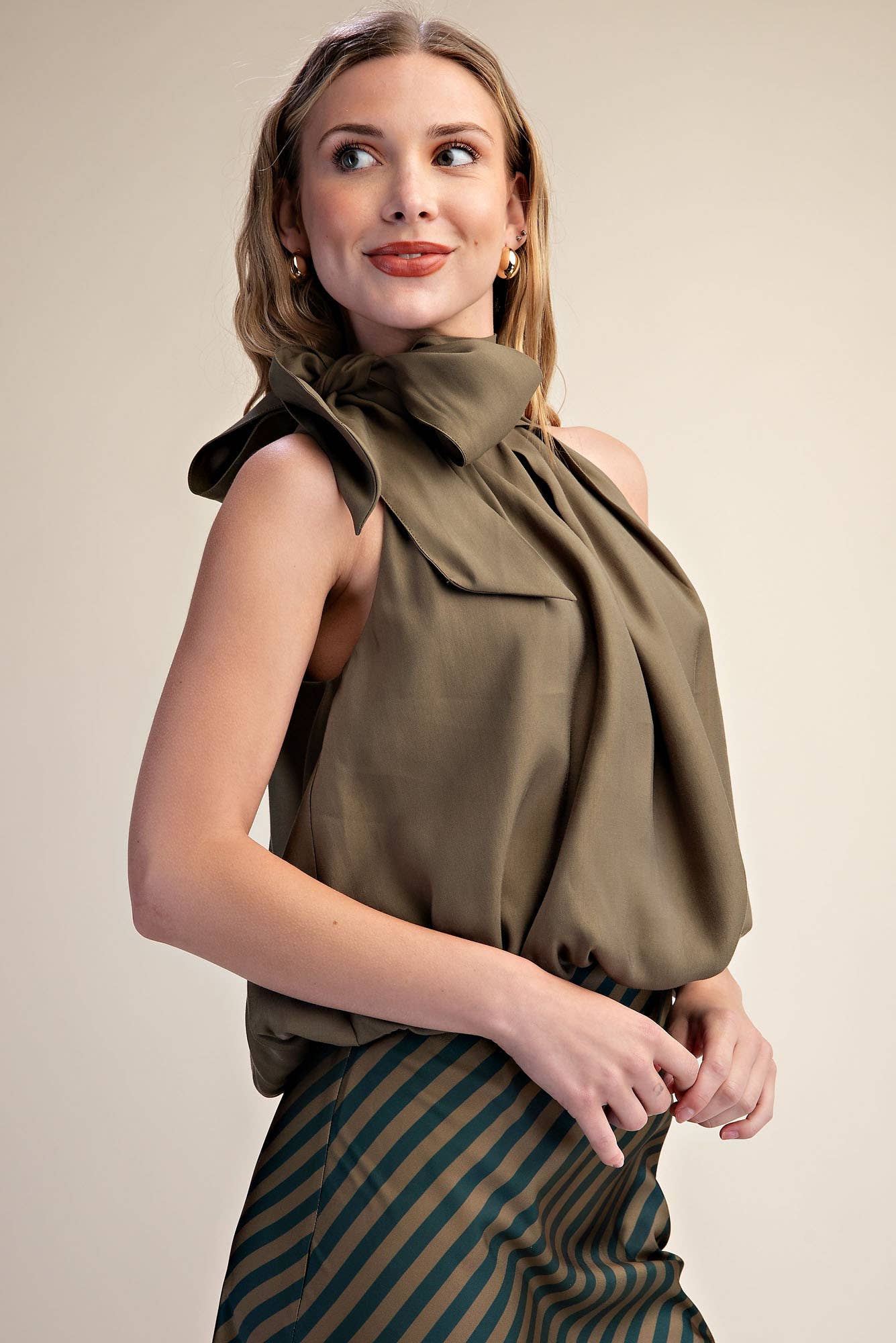 High Neck Tie Wrap Sleeveless Bubble Top