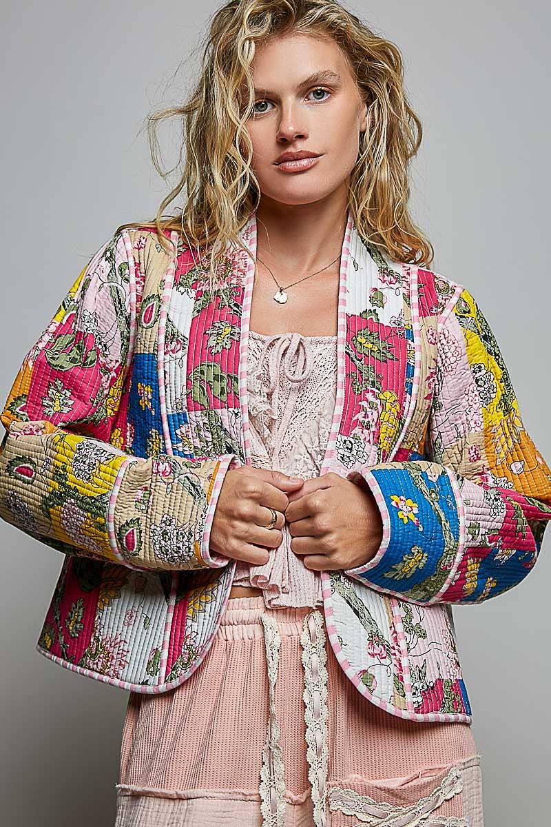 Lightweight Contrast Trim Quilted Kimono Jacket